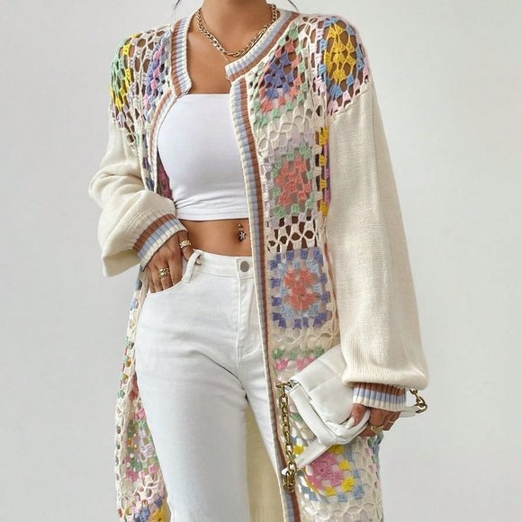 . Sweaters - Apricot Casual Womens Geo Pattern Drop Shoulder Open Front Cardigan
